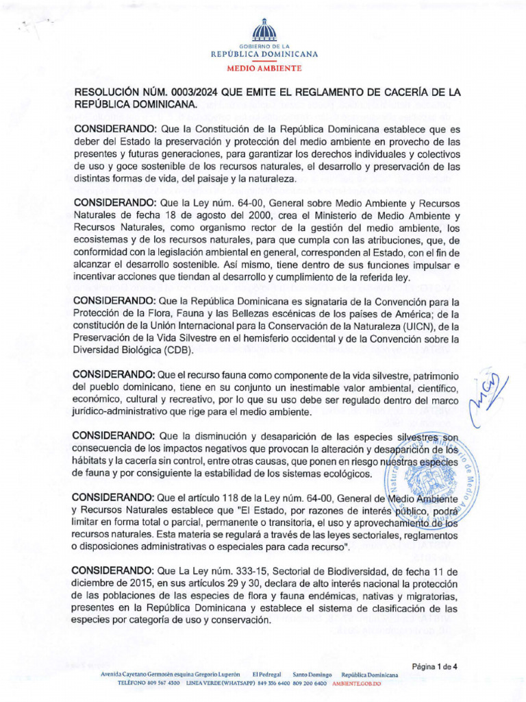 RES. Num. 0003 2024 Que Emite El Reglamento de Caceria de La Rep. Dom ...