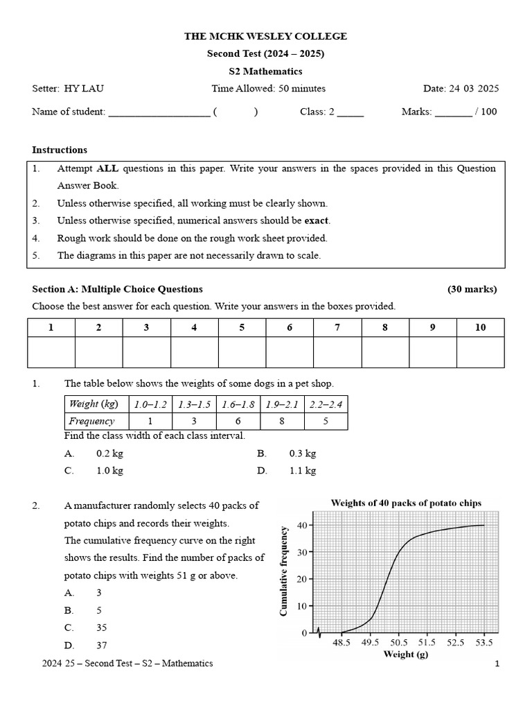 2425 F2 Math Second Test | PDF | Equations | Histogram