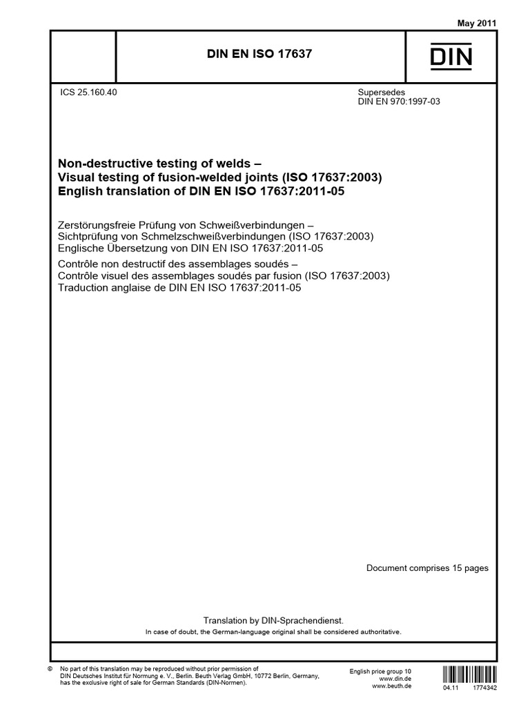 Din en Iso 17637 - VT Ispitivanje - Eng | PDF | Welding | Construction