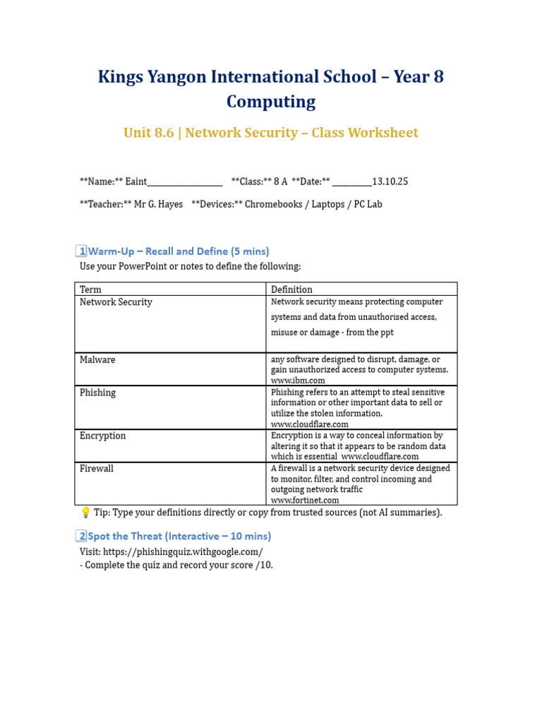 Year 8 Computing Ict Network Security Class Worksheet | PDF