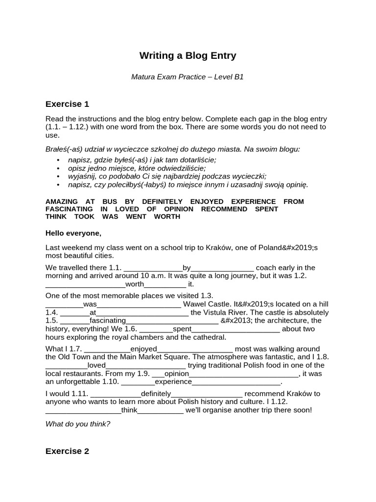 Blog Entry Writing Practice Matura B1 | PDF