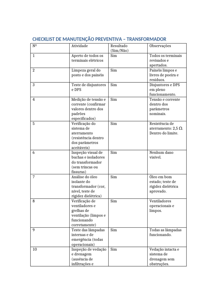 Checklist Transformador | PDF | Eletricidade | Eletromagnetismo
