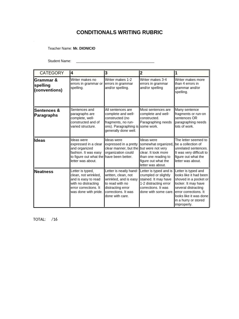 Conditionals Writing Rubric | PDF | Linguistics | Human Communication