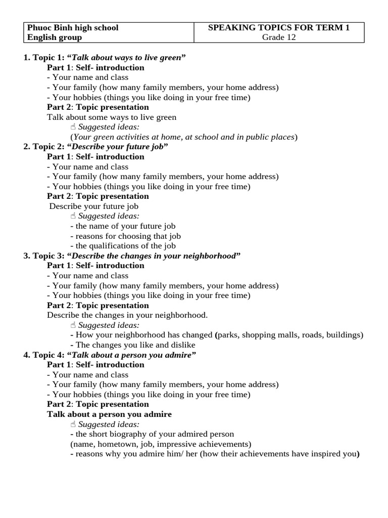12PB TERM1 Speaking Test 2 | PDF