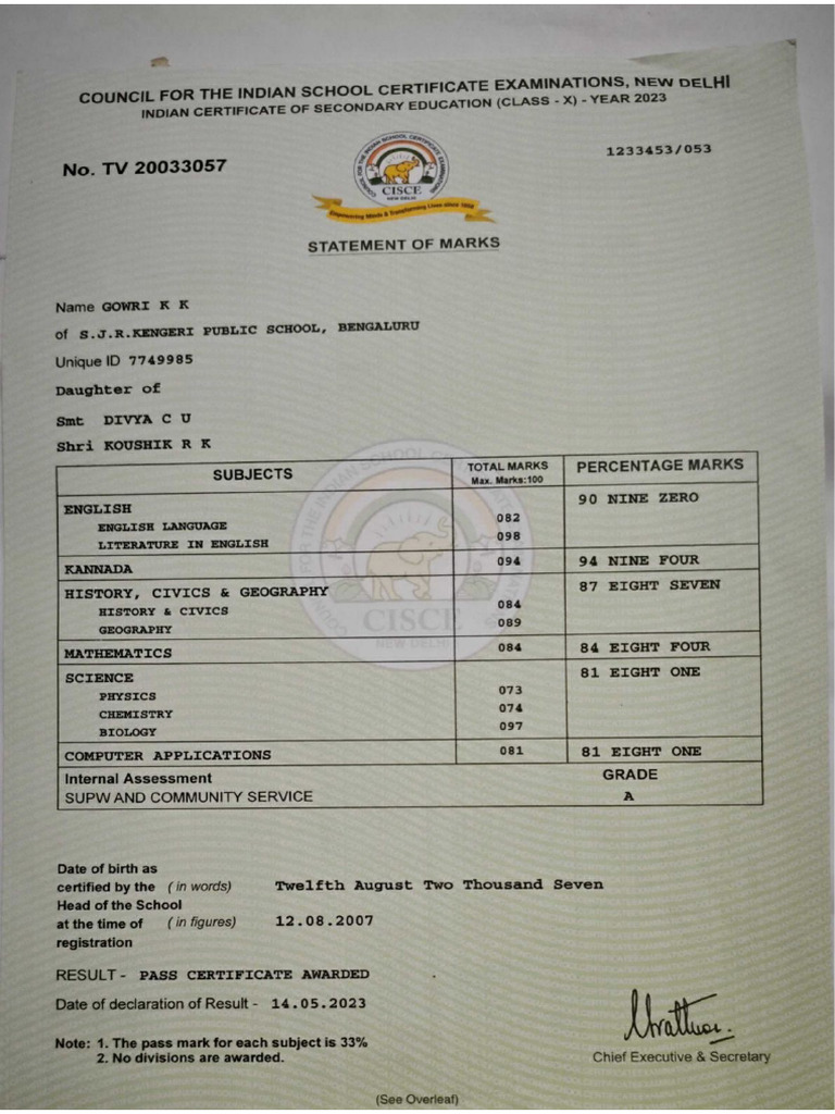 10 TH Marks Card - Compress | PDF