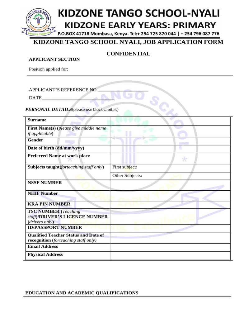 Kidzone Tango School Nyali, Job Application Form | PDF