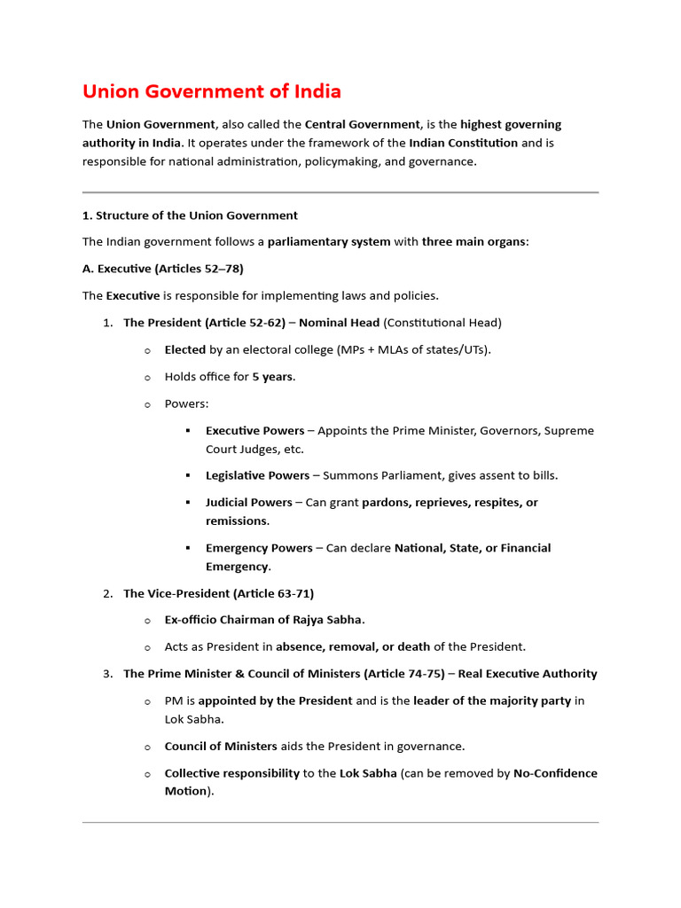Unit Ii Union Government | PDF