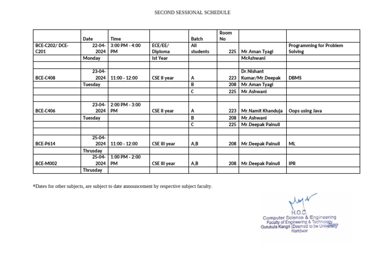Second Sessional Schedule | PDF