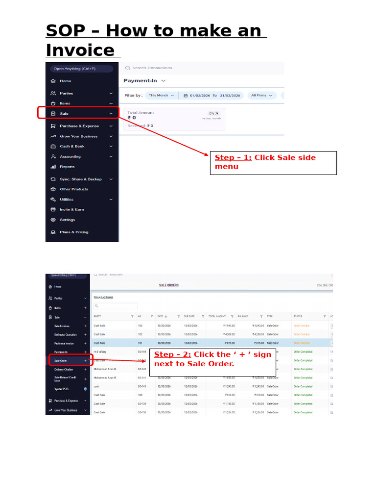 SOP - How To Make An Invoice: Step - 1: Click Sale Side Menu | PDF