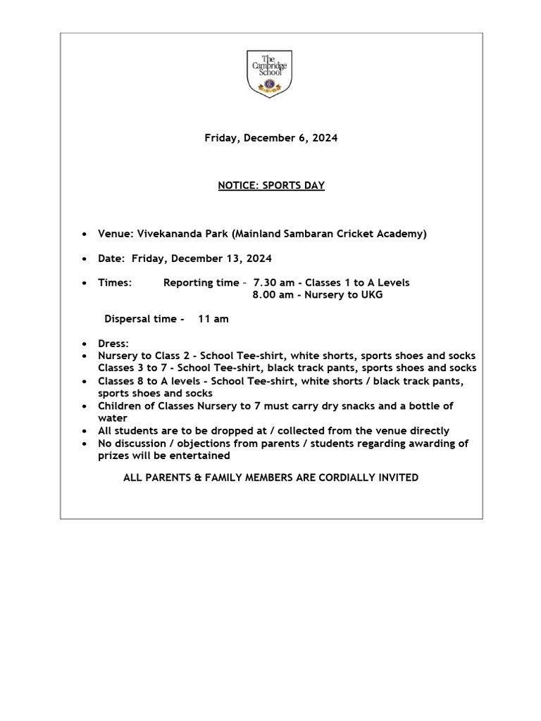 Notice Annual Sports Day 2024 | PDF