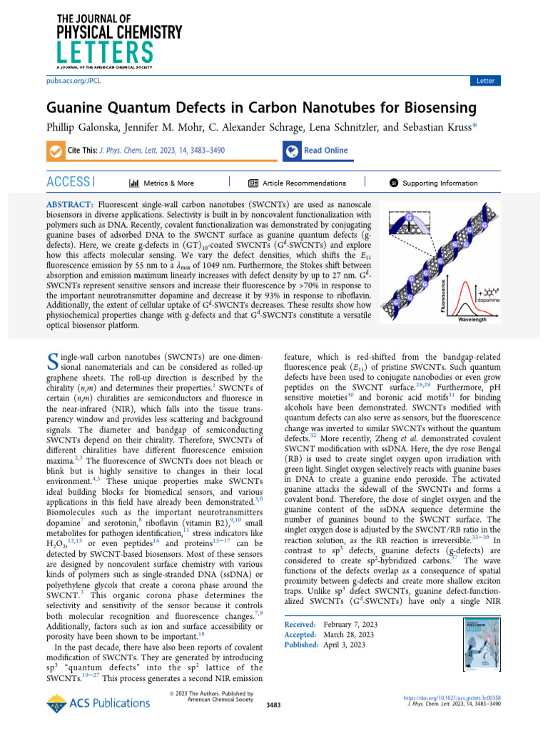 Gguanine Quantum Defects in Carbon Nanotubes For Biosensing | PDF