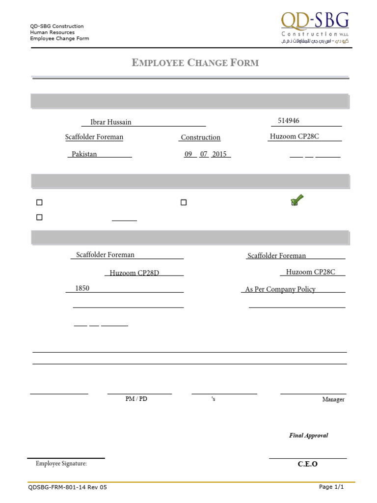 FRM-801-14 Rev 05 - Employee Change Form | PDF