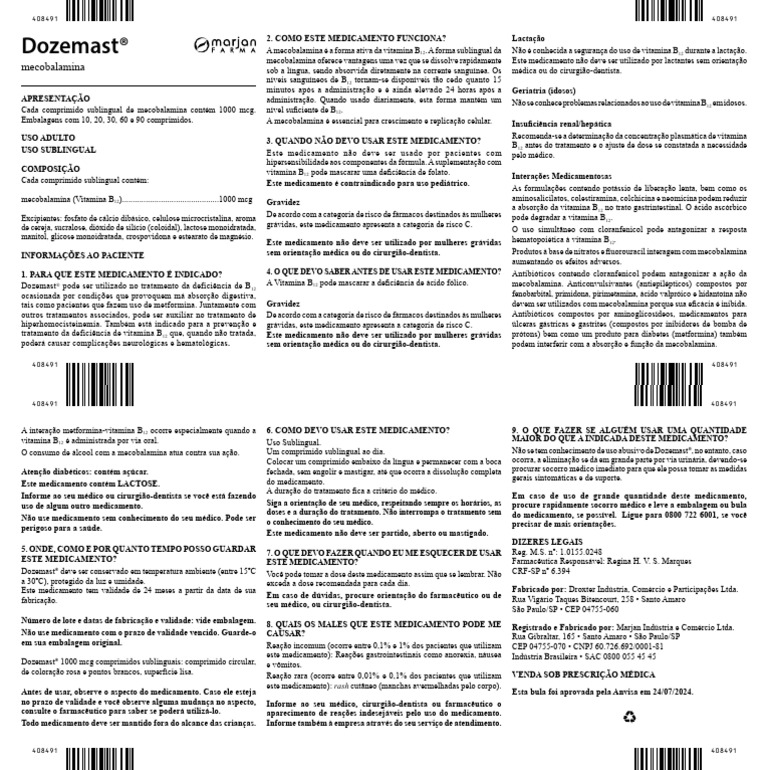 Bula Pa Dozemast 1000 MCG Com Subl 408491 A | PDF