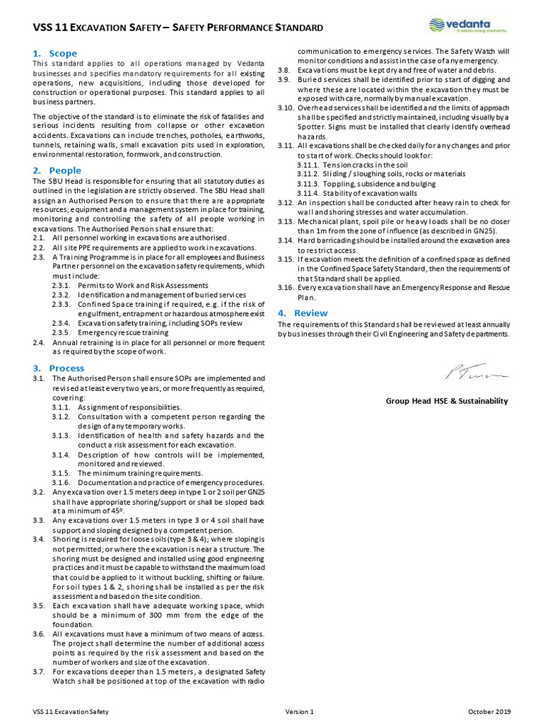 VSS 11 Excavation Safety Performance Standard | PDF