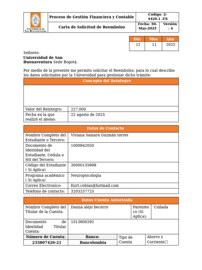 Solicitud Reintegro Samara Guzm n PDF
