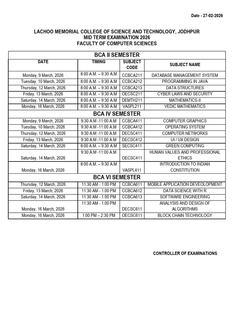 Mid Term 2026 Time Table Cs MGT Sci | PDF