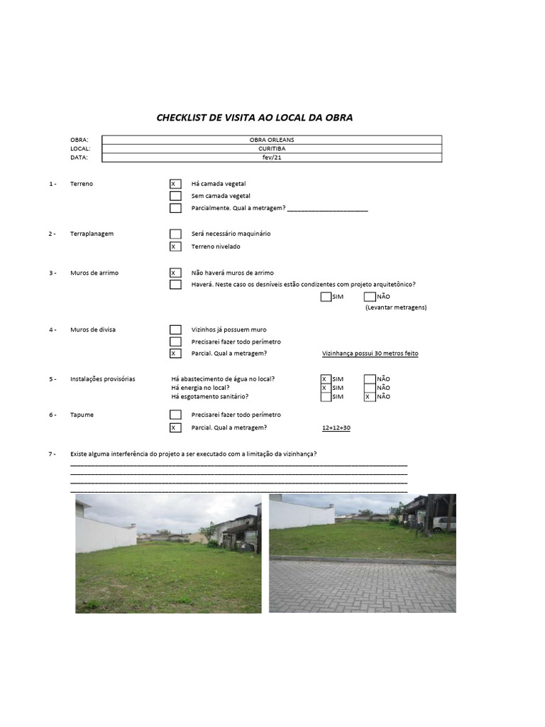 Checklist - Visita Ao Local Da Obra - OBRA ORLEANS | PDF