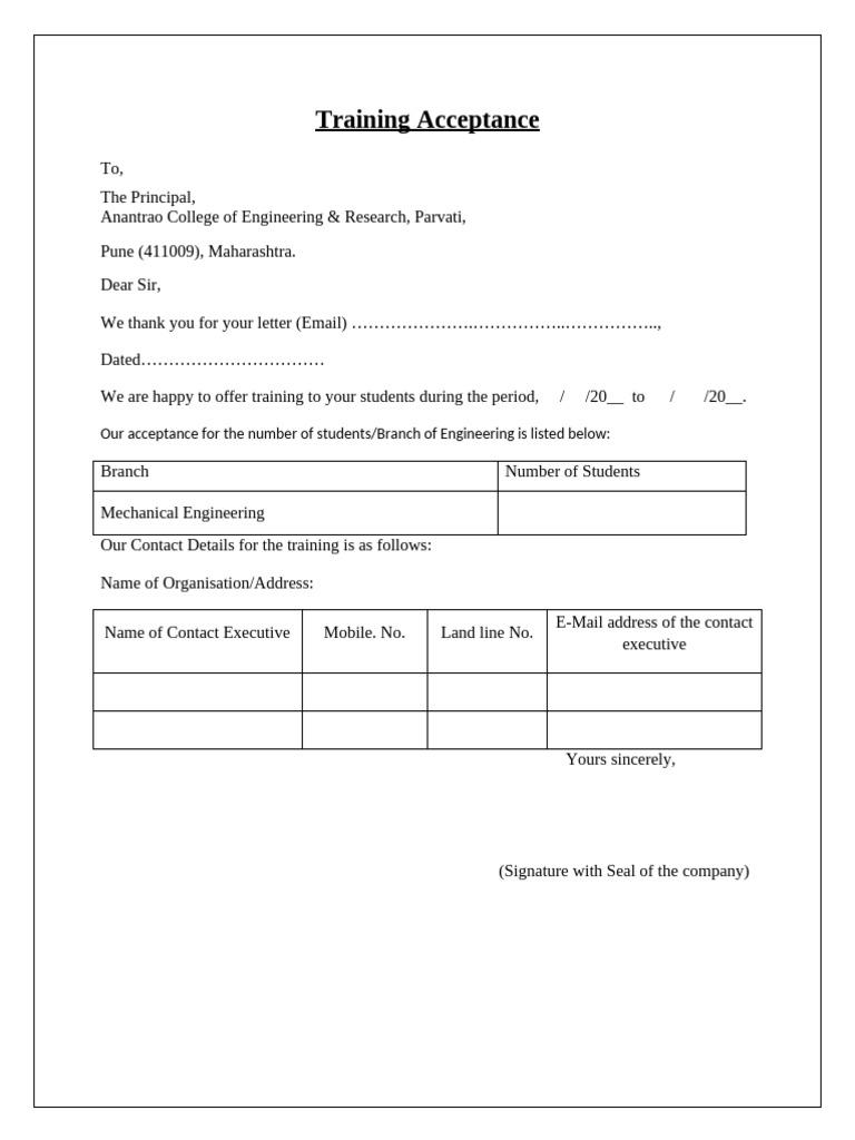 Training Acceptance Format 2025-26 | PDF
