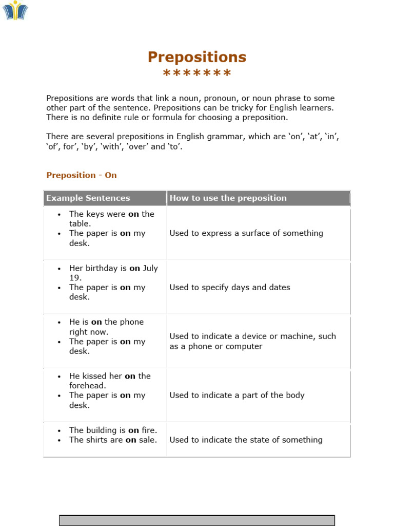 Prepositions General English Grammar Material PDF Download For ...