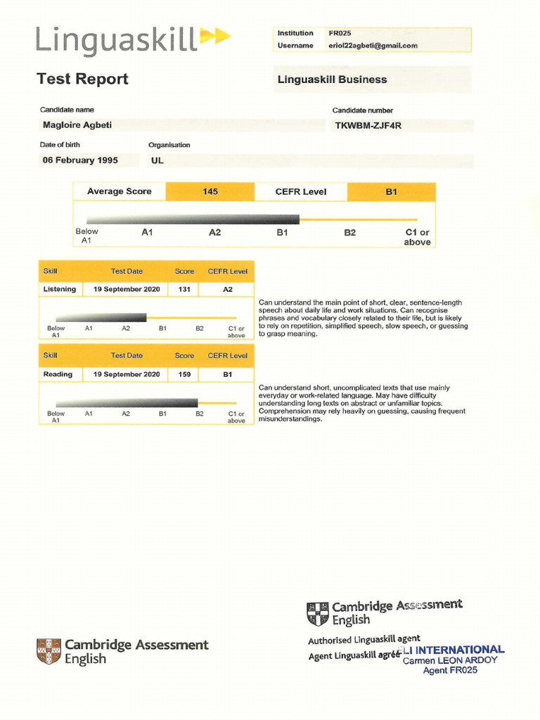 Examen - Certificat en Anglais - Agbeti K. - Linguaskill Test Report | PDF