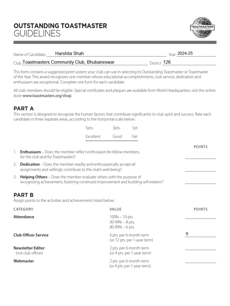 Outstanding Toastmaster Guidelines Harshita | PDF