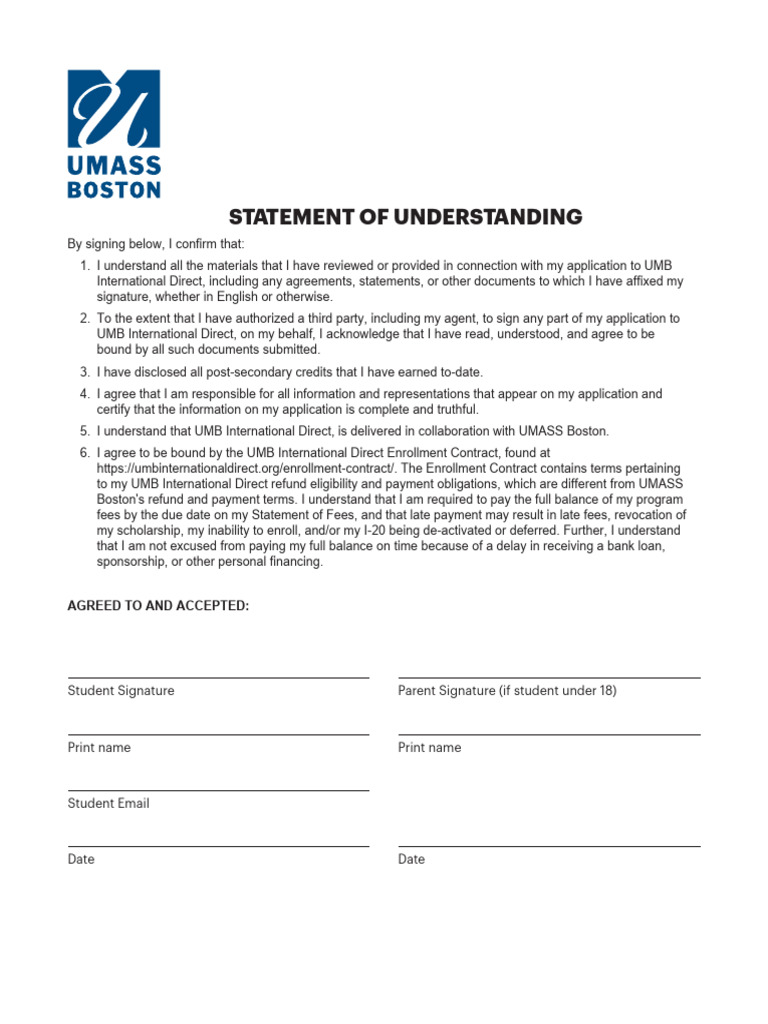 University of Massachusetts Boston Statement of Understanding | PDF