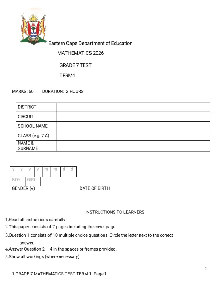 Grade 7 Mathematics Test Term 1 2024 - 021142 | PDF | Numbers ...