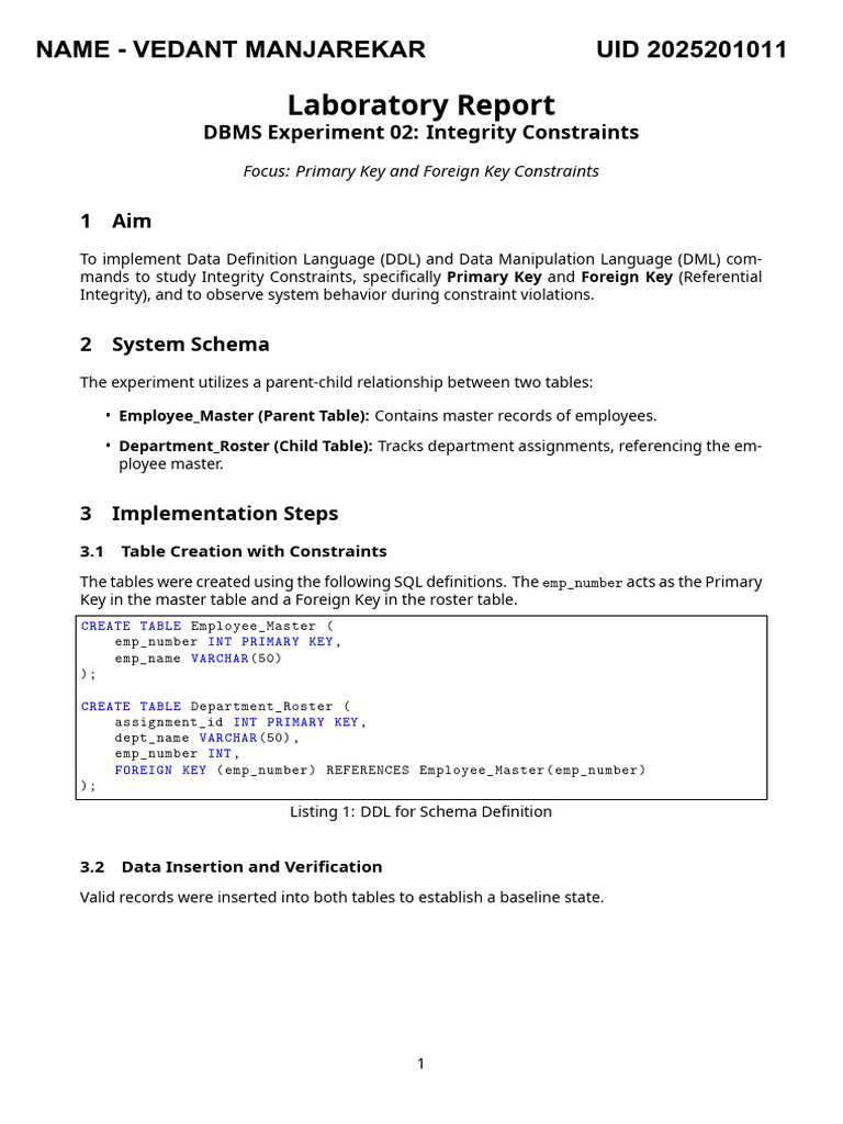 DBMS Experiment 2 | PDF