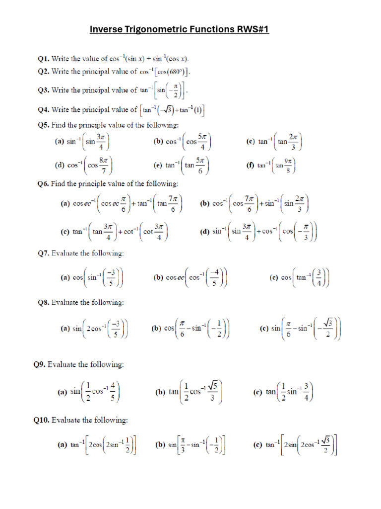Inverse Trigonometric Functions RWS#1 | PDF