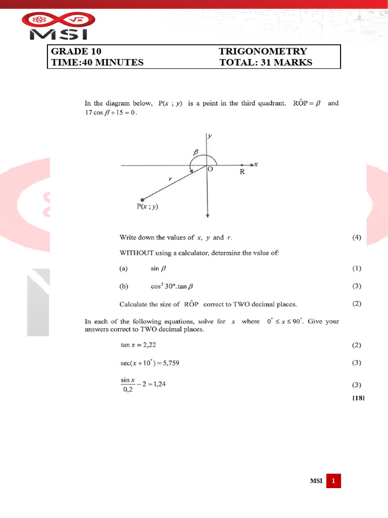 Grade 10 Trigonometry Test | PDF
