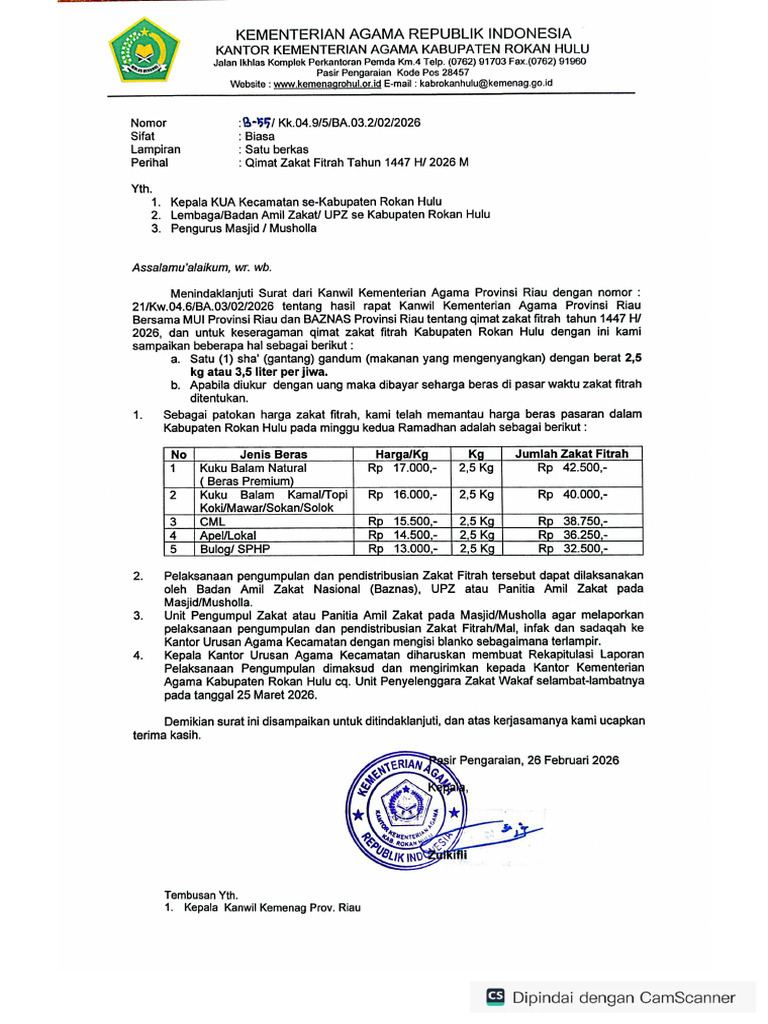 Qimat Zakat Fitrah Tahun 2026 M 1447 H - Rokan Hulu | PDF