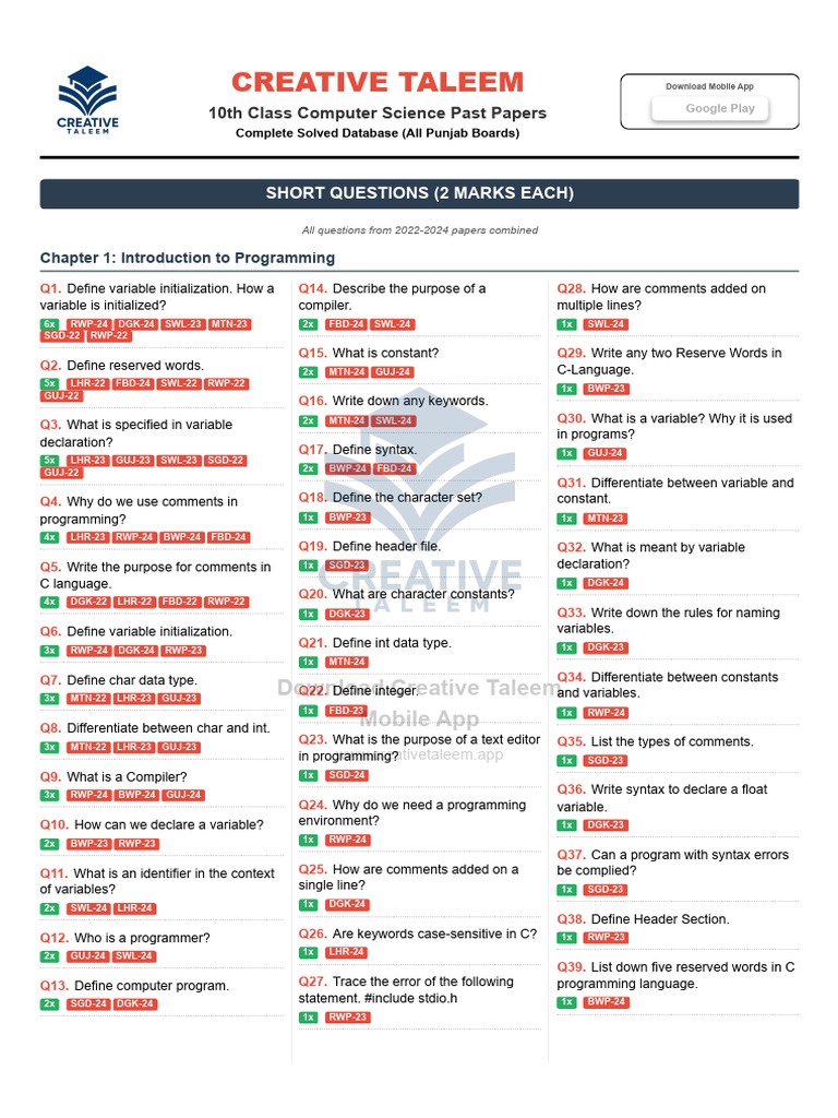 Creative Taleem - 10th Computer Science Past Papers | PDF