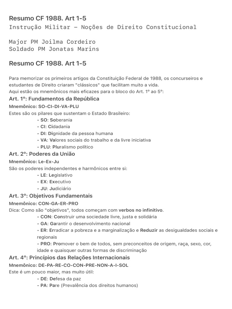 Resumo CF 1988. Art 1-5 | PDF