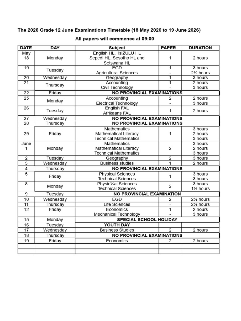 2026 Grade 12 June Examinations Timetable | PDF