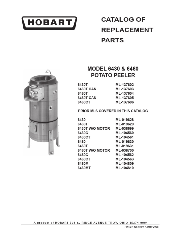 Catalog of Replacement Parts: MODEL 6430 & 6460 Potato Peeler | PDF