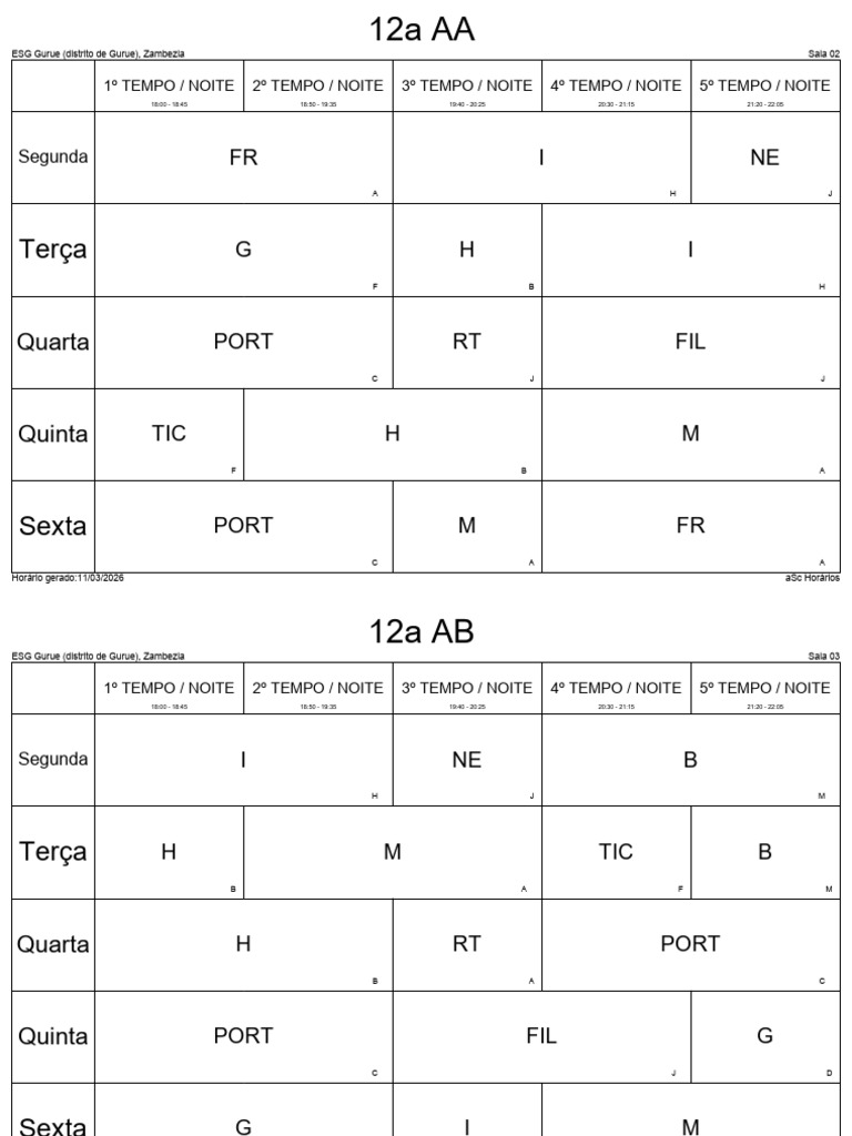 Horario Da Turma - Noite (Act.) | PDF