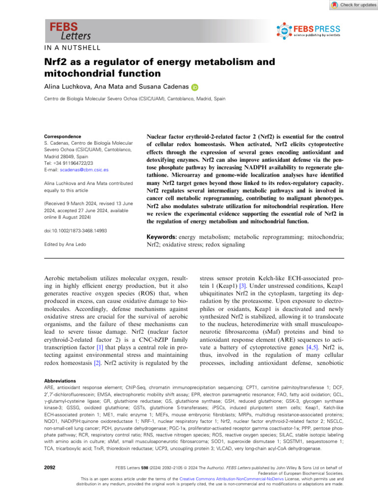 FEBS Letters - 2024 - Luchkova - Nrf2 As A Regulator of Energy ...