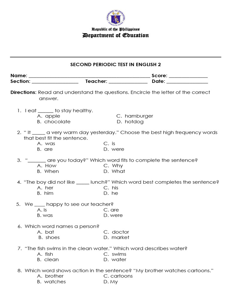 Eng2 - 2nd Periodic Test 2025-2026 | PDF