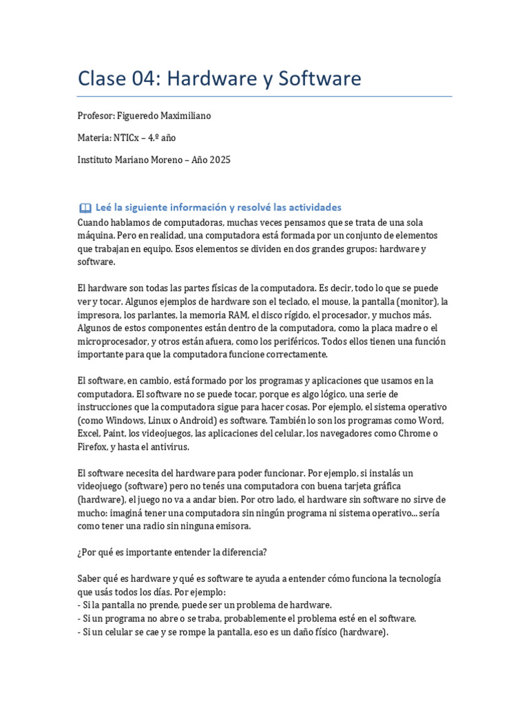Clase 04 Hardware y Software | PDF | Hardware de la computadora | Software