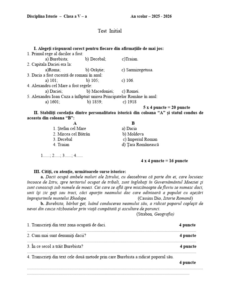 Test Initial Clasa V | PDF