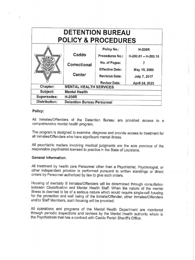 Caddo Parish Sheriff's Office Inmate Intake Policy | PDF