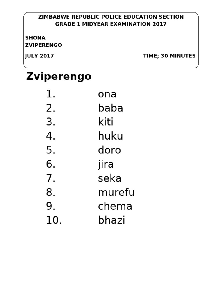 Grade 1 Shona Spellings | PDF