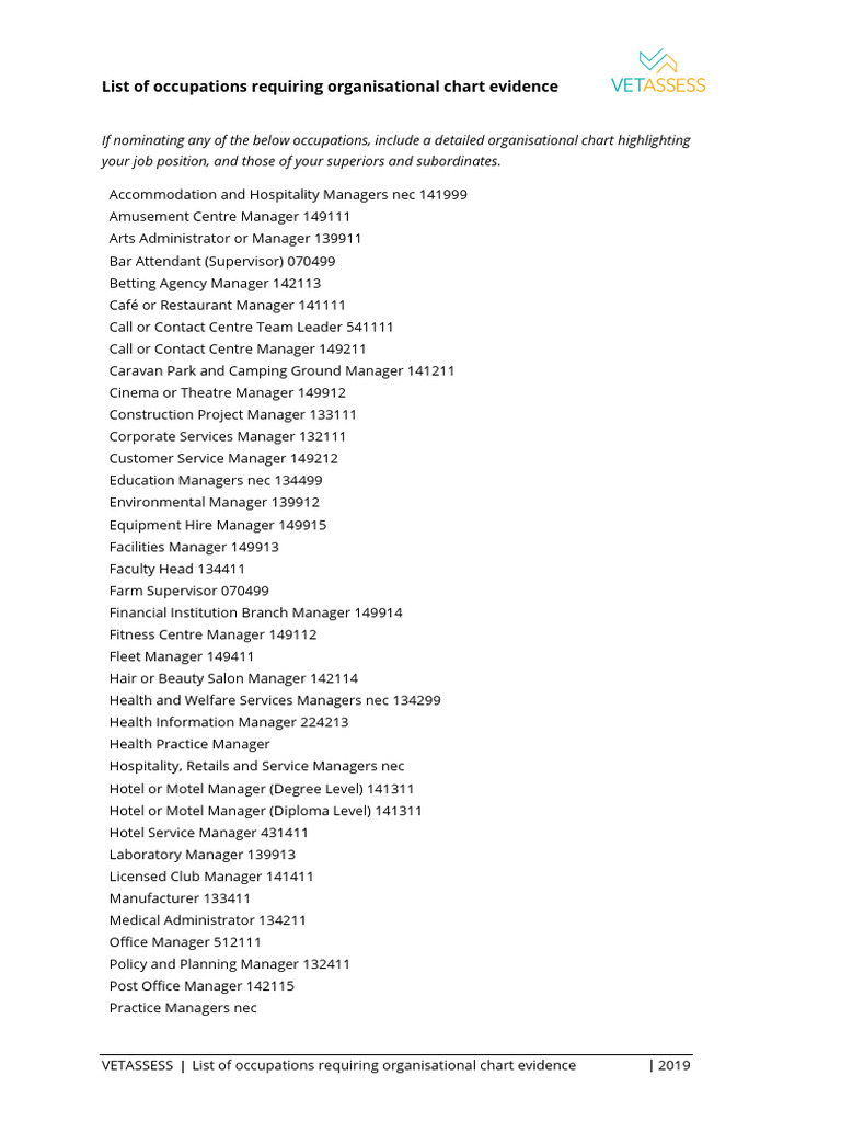 VETASSESS ListofManagerialOccupations Requiring Organisational Chart ...