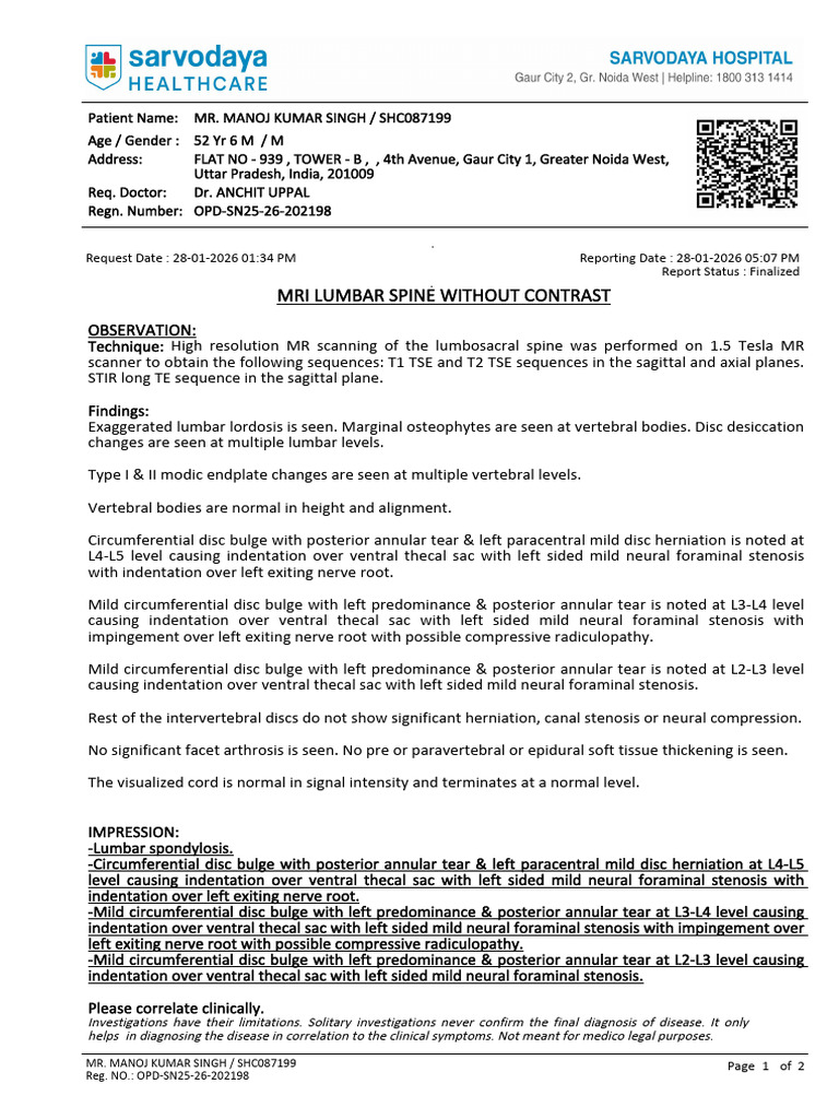 MRI Lumbar Spine Without Contrast | PDF | Vertebra | Skeletal System