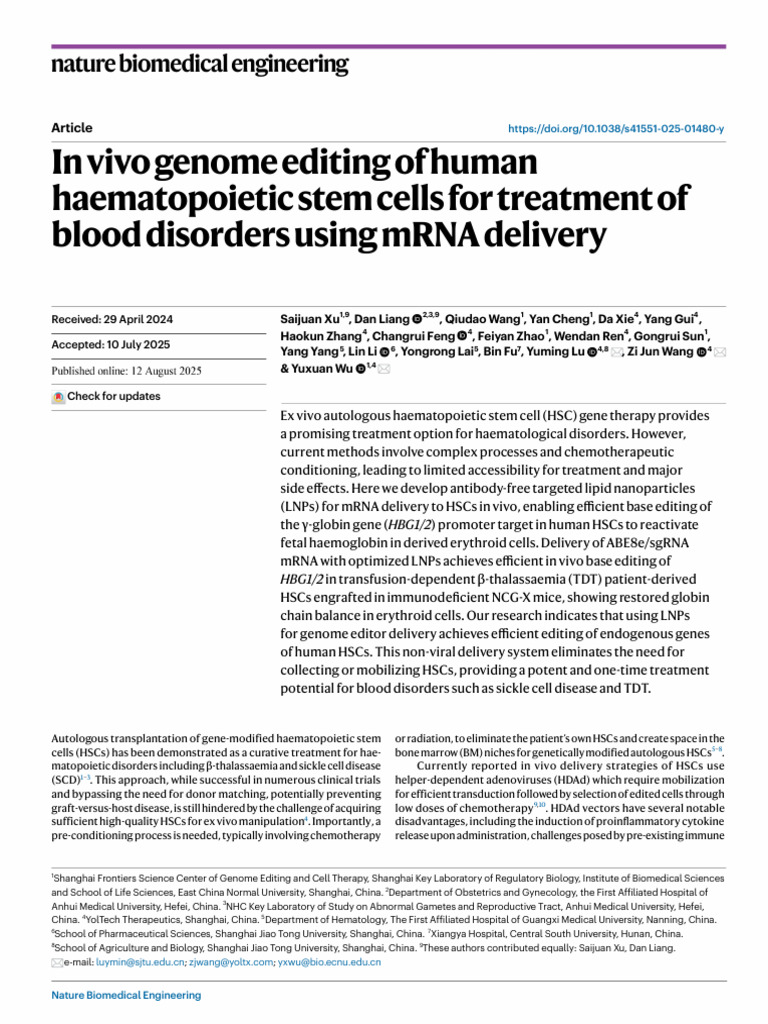 In Vivo Genome Editing of Human Haematopoietic Stem Cells For Treatment ...