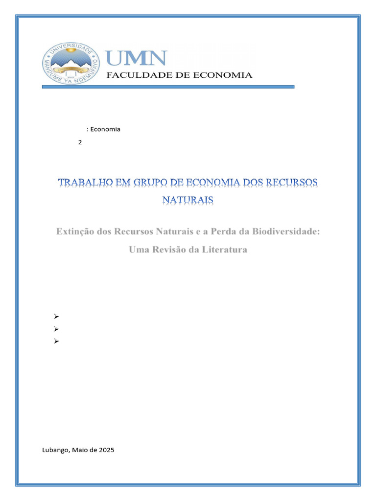 FACULDADE DE ECONOMIA-Extinção Dos Recursos Naturais e A Perda Da ...