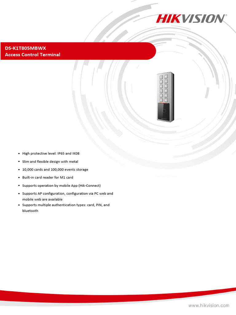 DS K1T805MBWX Access Control Terminal Datasheet V1.0 20230419 | PDF