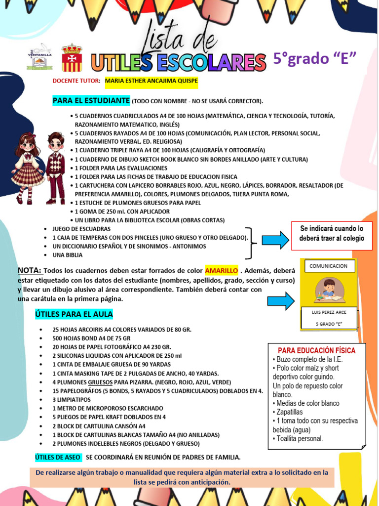 Lista de Utiles de 5to - Grado 2026 | PDF | Materiales de Conservación ...