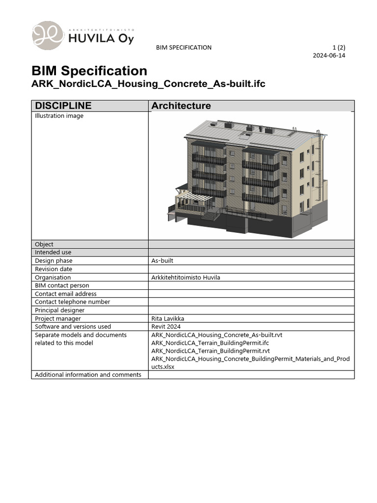 BIM Specification ARK NordicLCA Housing Concrete As-Built Revit | PDF ...