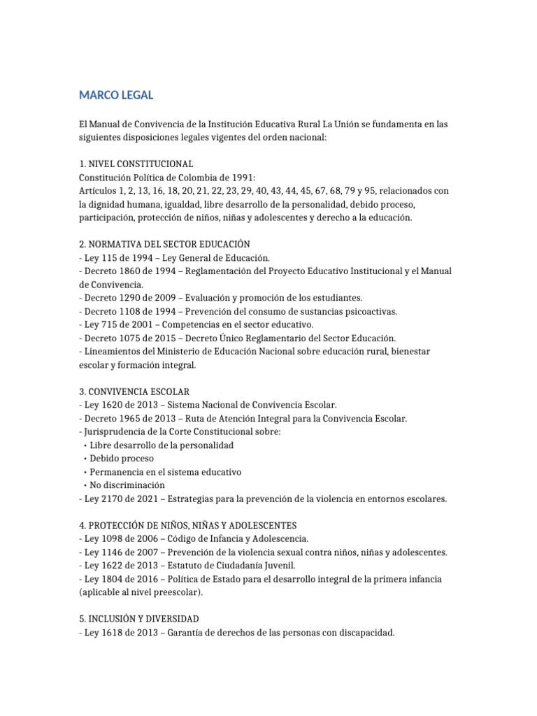 Marco Legal Manual Convivencia IER La Union | PDF | Educación de la ...
